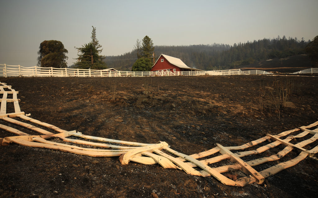 A melted fence, but an untouched barn off Los Alamos Road, Tuesday, Sept. 29, 2020. (Kent Porter / The Press Democrat) 2020
