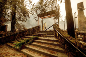 A staircase remains, Monday, Sept. 28, 2020, at the Restaurant at Meadowood, which burned in the Glass Fire, in St. Helena, Calif. (AP Photo/Noah Berger)