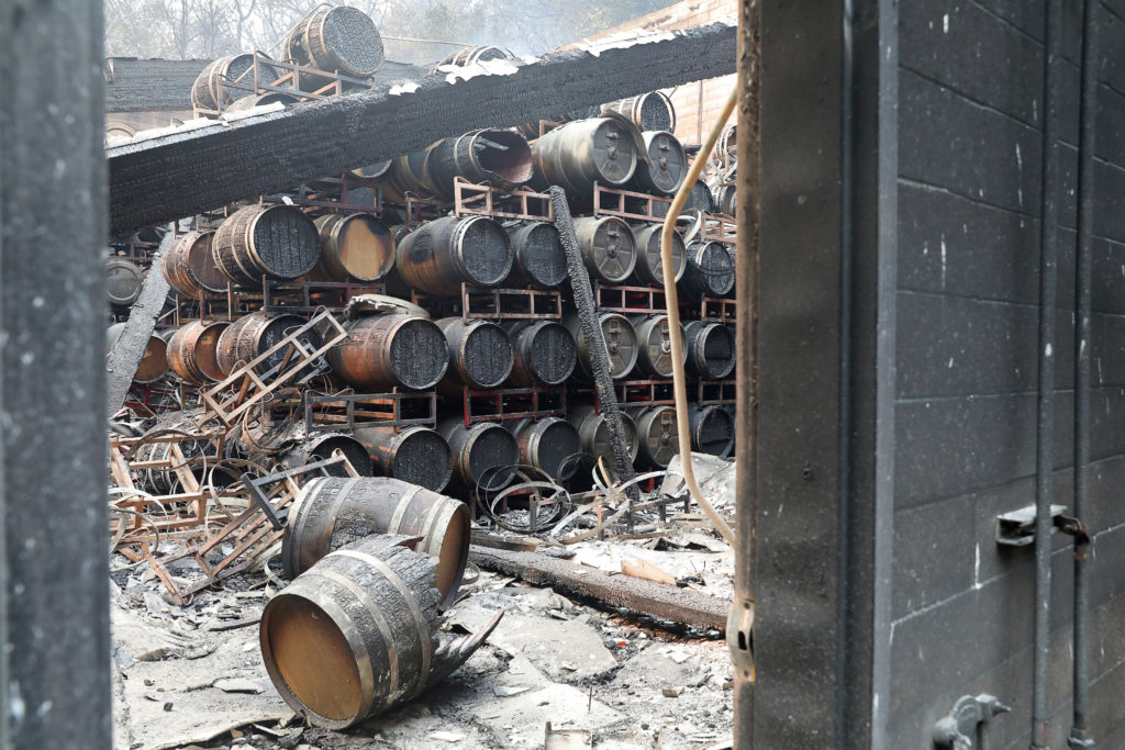 Burned barrels in the barrel room of Fairwinds Estate Winery in St. Helena on Tuesday, September 29, 2020. (Christopher Chung/ The Press Democrat)