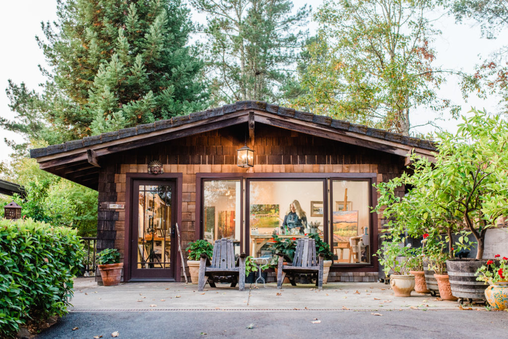 Dana Hawley’s painting studio echoes the rustic, shingled design of the main cottage. (Rebecca Gosselin / Sonoma Magazine)