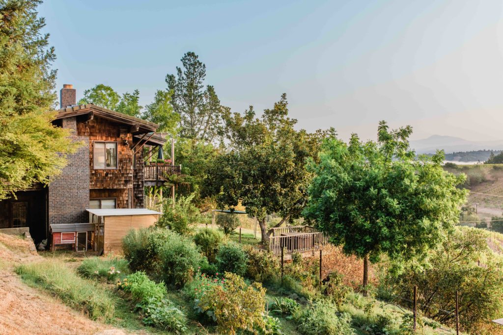 The redwood-shingled cottage, with its large brick chimney and generous porch, was built by John with the help of dear friends. (Rebecca Gosselin / Sonoma Magazine)