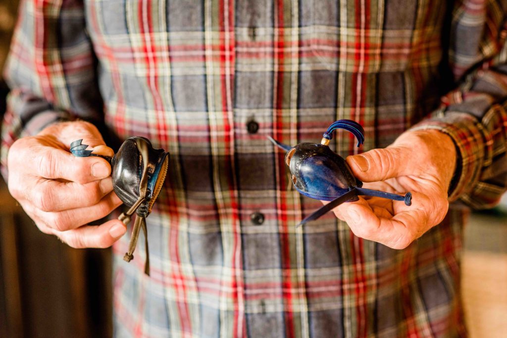 Leather hoods like these are sometimes used when transporting a falcon. (Rebecca Gosselin / Sonoma Magazine)