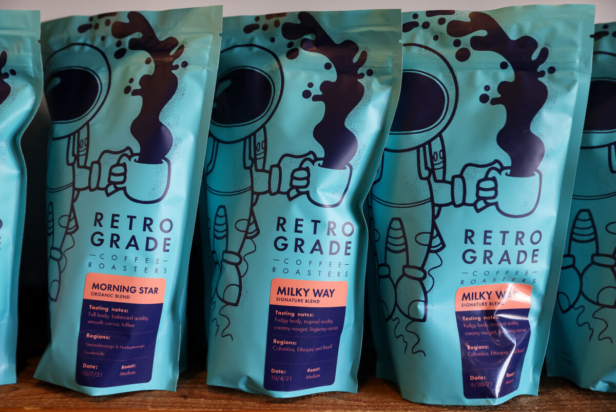 Packs of various coffee blends at Retrograde Coffee Roasters in Sebastopol on Friday, October 8, 2021. (Christopher Chung/ The Press Democrat)