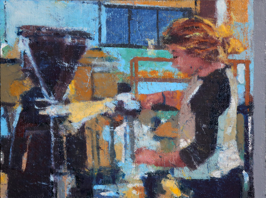 A coffee barista painted by artist John Deckert. (Christopher Chung / The Press Democrat)