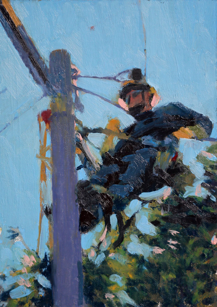 A PG&E worker painted by artist John Deckert. (Christopher Chung / The Press Democrat)