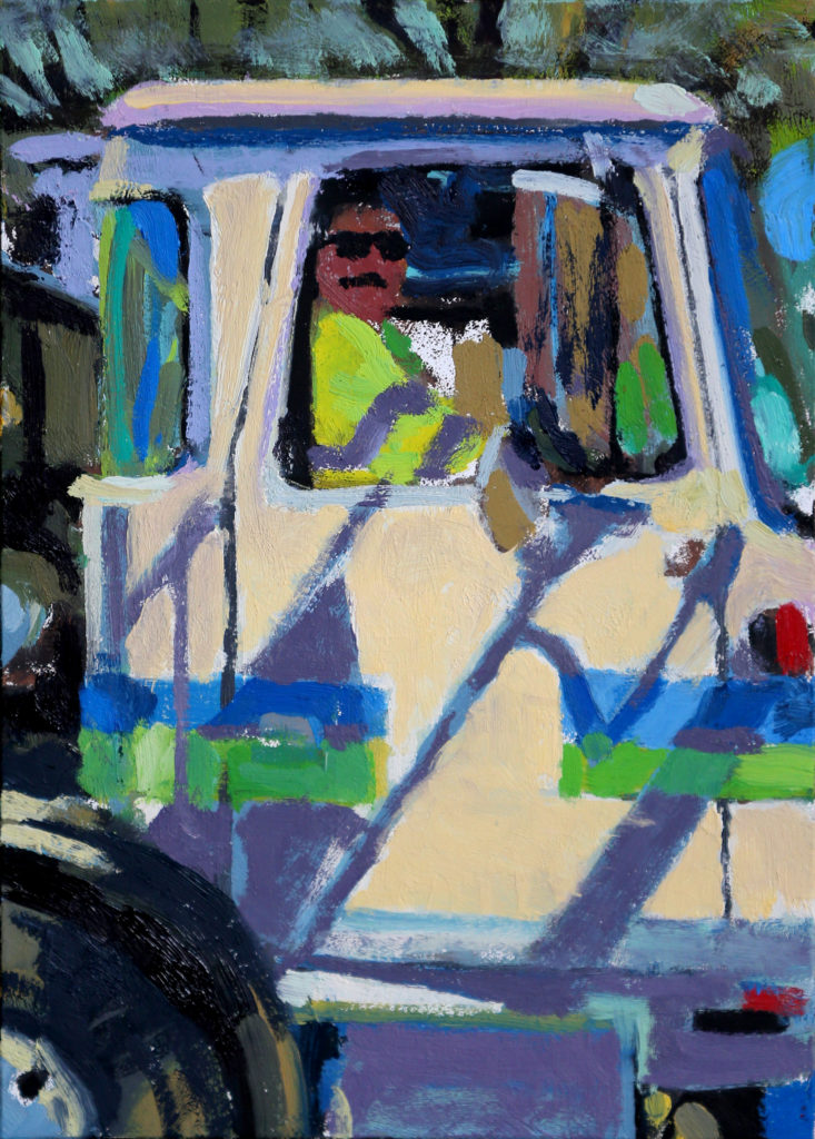 A recycling truck driver painted by artist John Deckert.(Christopher Chung / The Press Democrat)