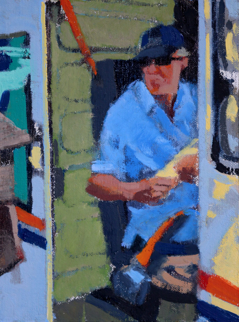 A mail delivery driver painted by artist John Deckert. (Christopher Chung / The Press Democrat)