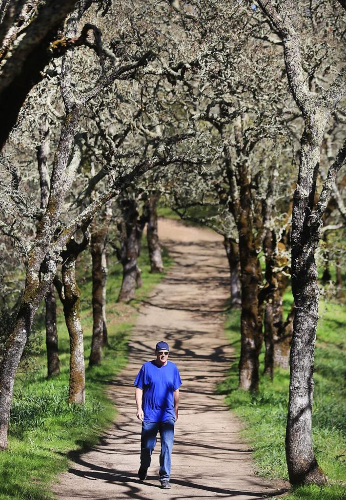 Mike Moors of Windsor takes advantage of winter sun to hike Foothill Regional Park in Windsor, Monday Feb. 22, 2016.l (Kent Porter / Press Democrat)