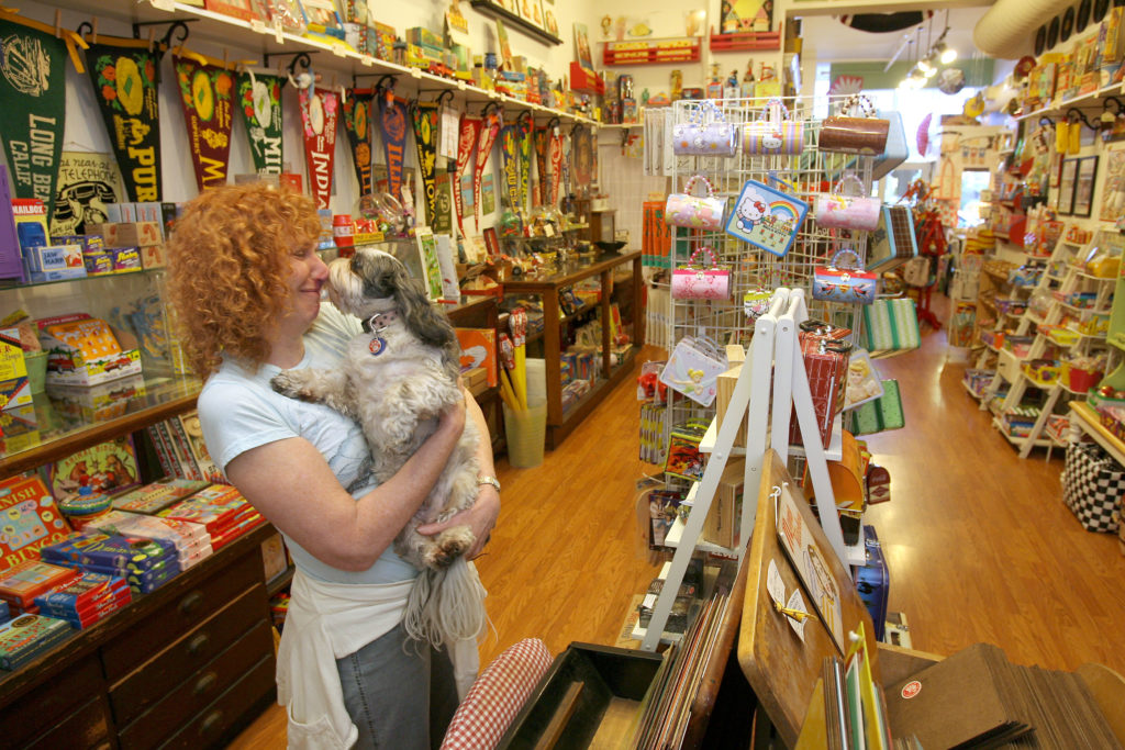 Heidi Geffen holds her dog Skittles in her Tiddle E. Winks store that specialises in toys, games, dolls, candy, and memorabilla from the 50s and 60s, in downtown Sonoma on Friday October 17, 2008.