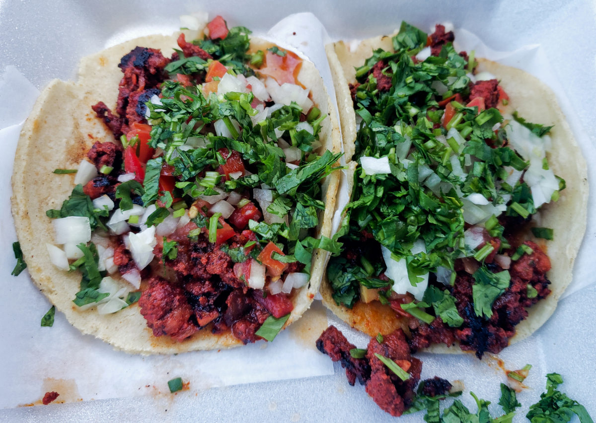 Al pastor tacos from Las Palmas in Santa Rosa. (Heather Irwin / Sonoma Magazine)