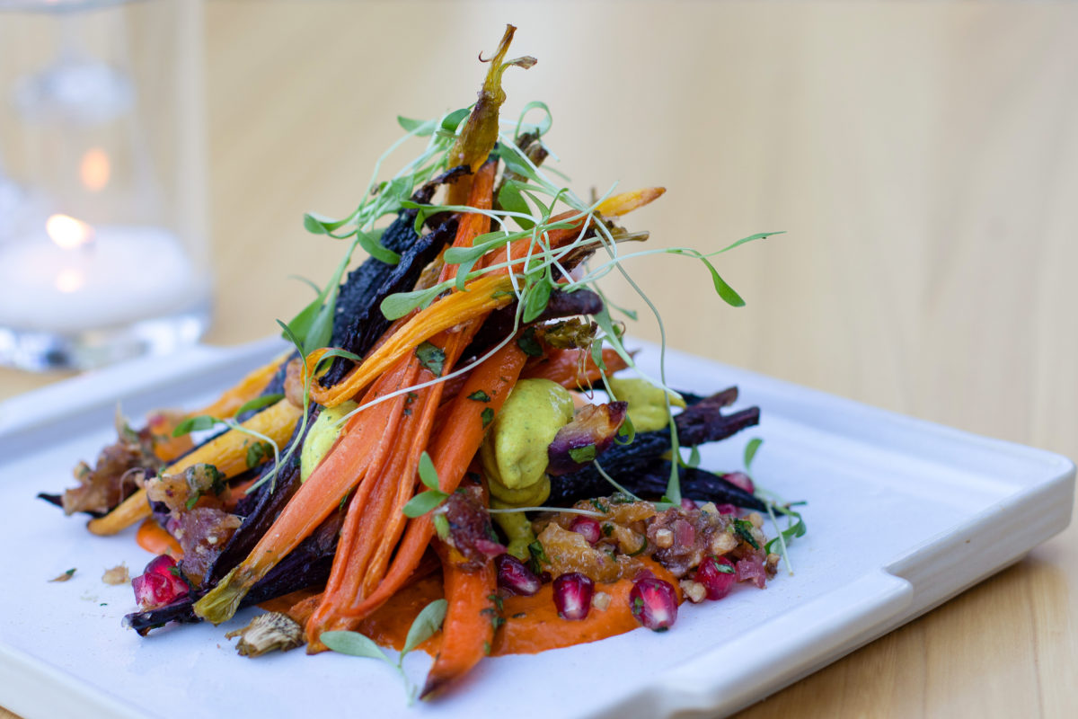Roasted heirloom carrots with vadouvan yogurt, piquillo pepper, walnuts and tangerine vinaigrette at Wit and Wisdom in Sonoma. (Heather Irwin/Sonoma Magazine)