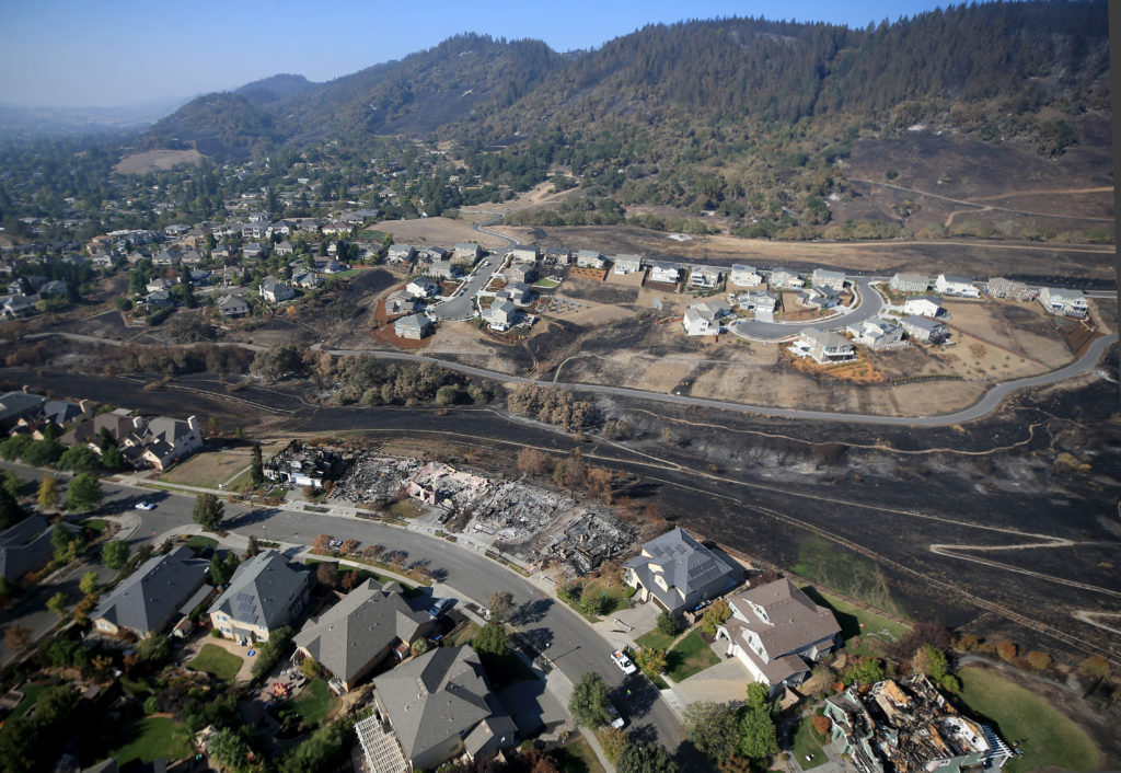 Firefighters made a stand on Night Hawk Drive, bottom, losing a number of homes, but also saving hundreds to the west as embers landed in vegetation surrounding the houses. At top, Sunhawk Drive was also heavily defended as the Glass charted a path of destruction to the west and north. (Kent Porter / The Press Democrat) 2020