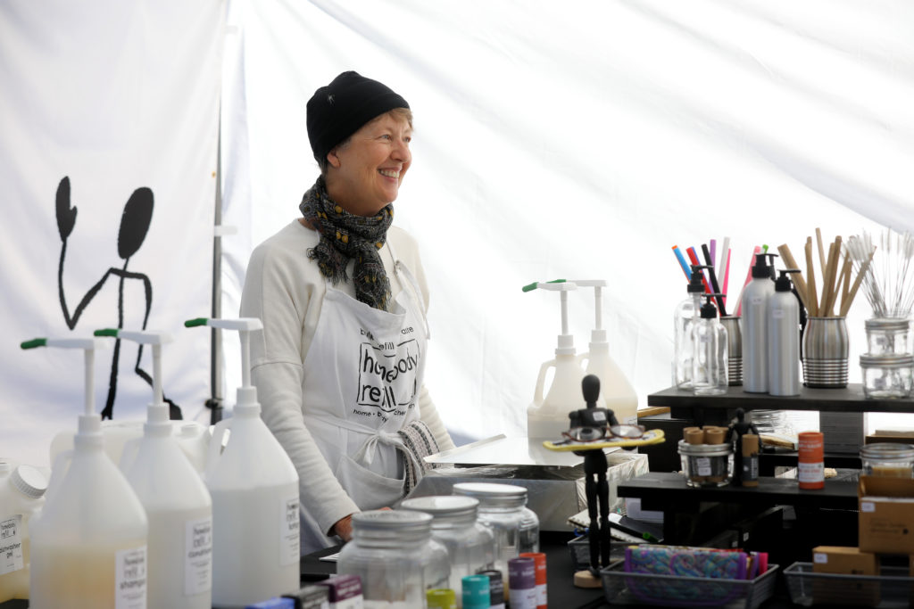 Joan Ayers, owner of Homebody Refill, at her booth at the Petaluma East Side Farmers' Market in Petaluma, Calif., on Tuesday, November 10, 2020. (Beth Schlanker / The Press Democrat)