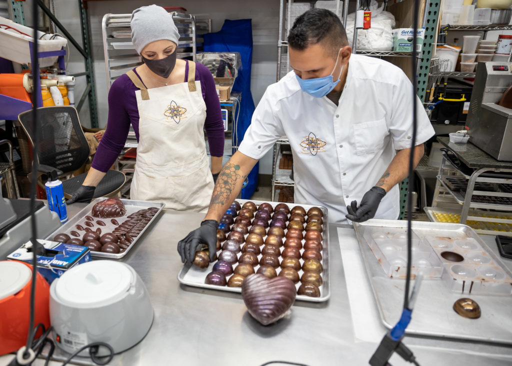Fleur Sauvage chocolatiers Robert and Tara Nieto making chocolate Xmas ornaments