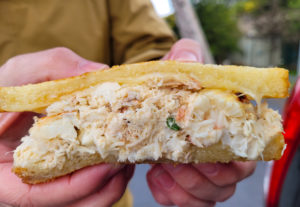 Buttery Dungeness crab sandwich from Ginochio's Restaurant in Bodega Bay. (Heather Irwin / Sonoma Magazine)