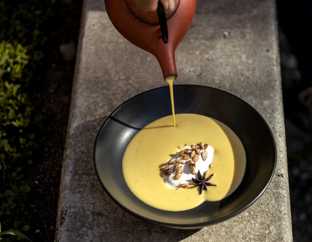 Three soups Mateo Granados/ Mateo’s Cocina Latina Soup: Roasted Delicata Squash with Candied Pumpkin Seeds