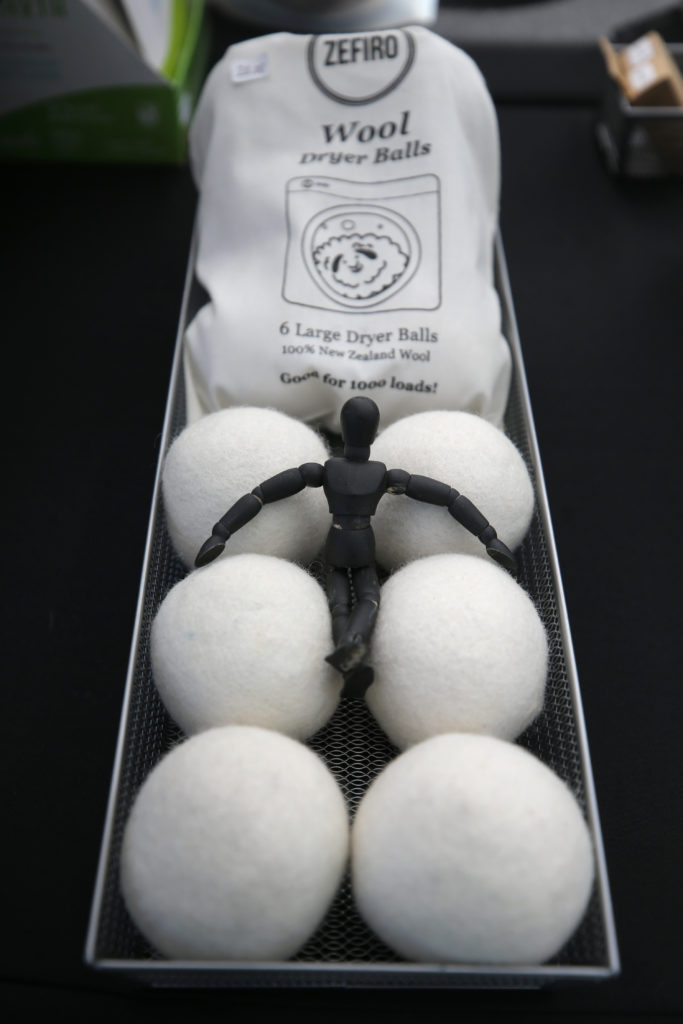 Joan Ayers, owner of Homebody Refill, sells wool dryer balls at her booth at the Petaluma East Side Farmers' Market in Petaluma, Calif., on Tuesday, November 10, 2020. (Beth Schlanker / The Press Democrat)