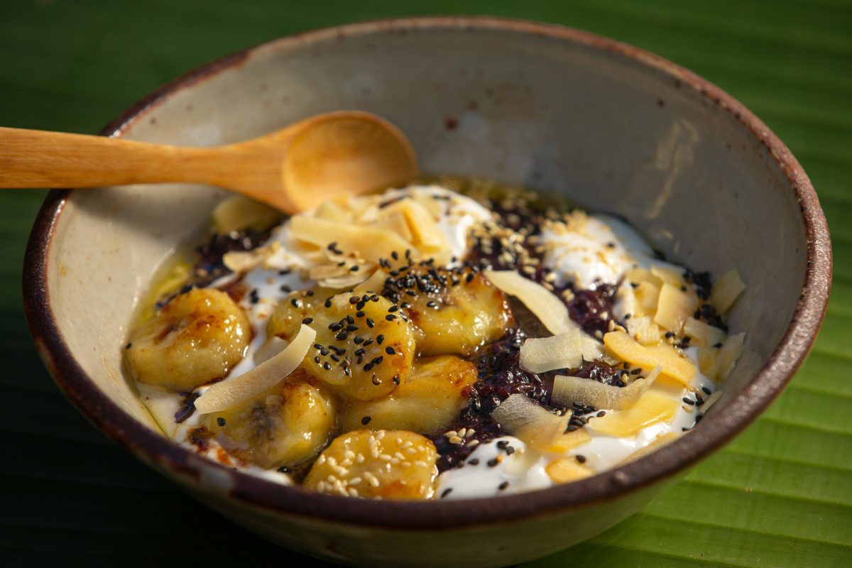 Black rice pudding with caramelized bananas and salted coconut milk, prepared by Jamilah Nixon, chef and founder of Jam's Joy Bungalow food truck, in Sebastopol on Wednesday, July 10, 2019. (Alvin Jornada / The Press Democrat)
