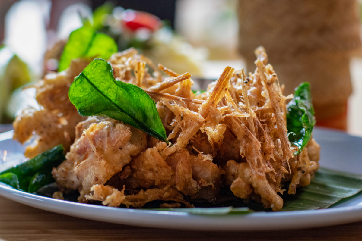 Gai Tod: Lemongrass fried chicken with makrut leaf at Khom Loi in Sebastopol. (Heather Irwin/Sonoma Magazine)