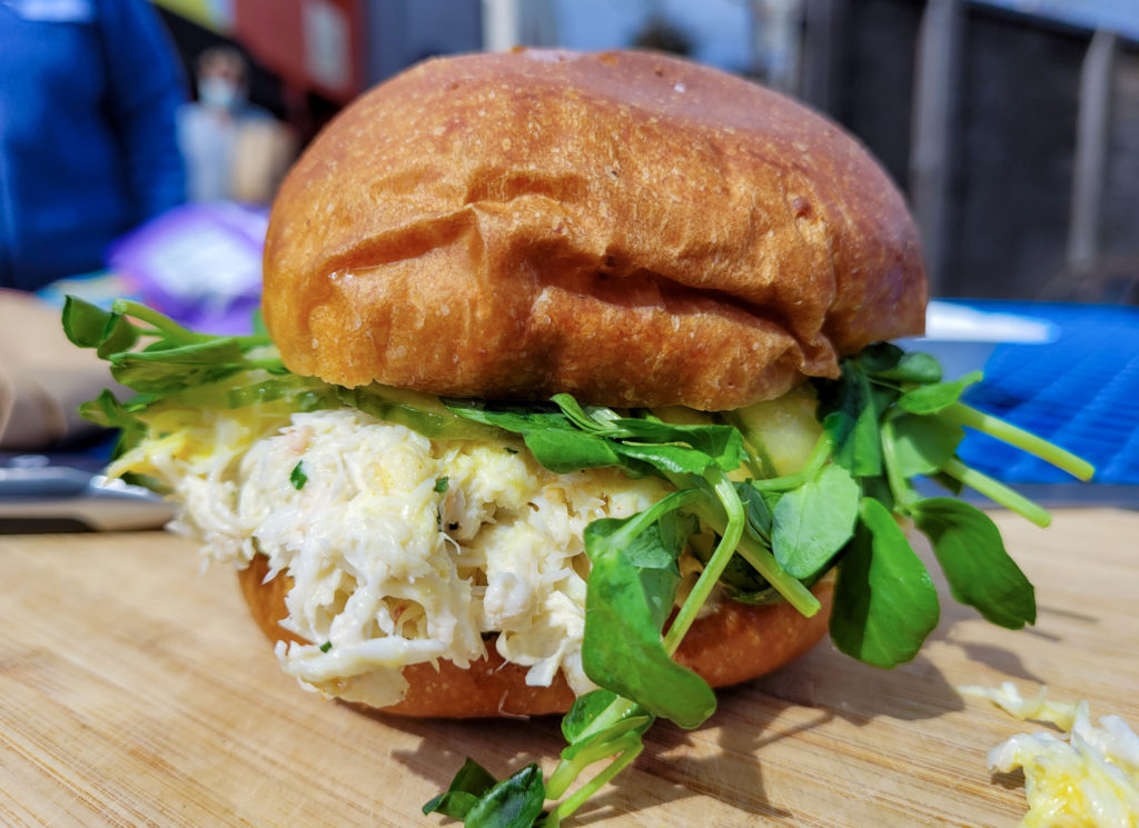 Crabby Boi crab sandwich at the Subhuman Sandwich Shop pop-up in Sebastopol. (Heather Irwin / The Press Democrat