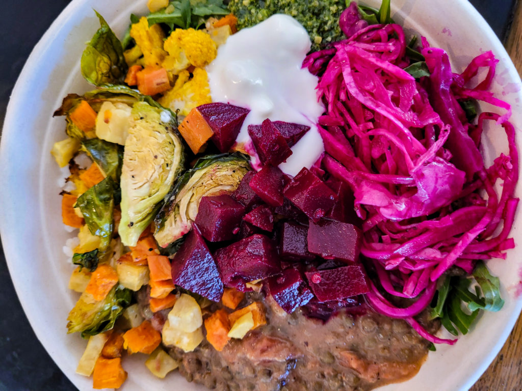 Boho Bowl with stewed French lentils, kukohu rice, roasted Brussels sproutsd,Vadouvan cualiflower, arugula, pickled beets, kraut, chimichurri, creme fraiche at Altamont General Store in Occidental. Photo: Heather Irwin, Press Democrat.