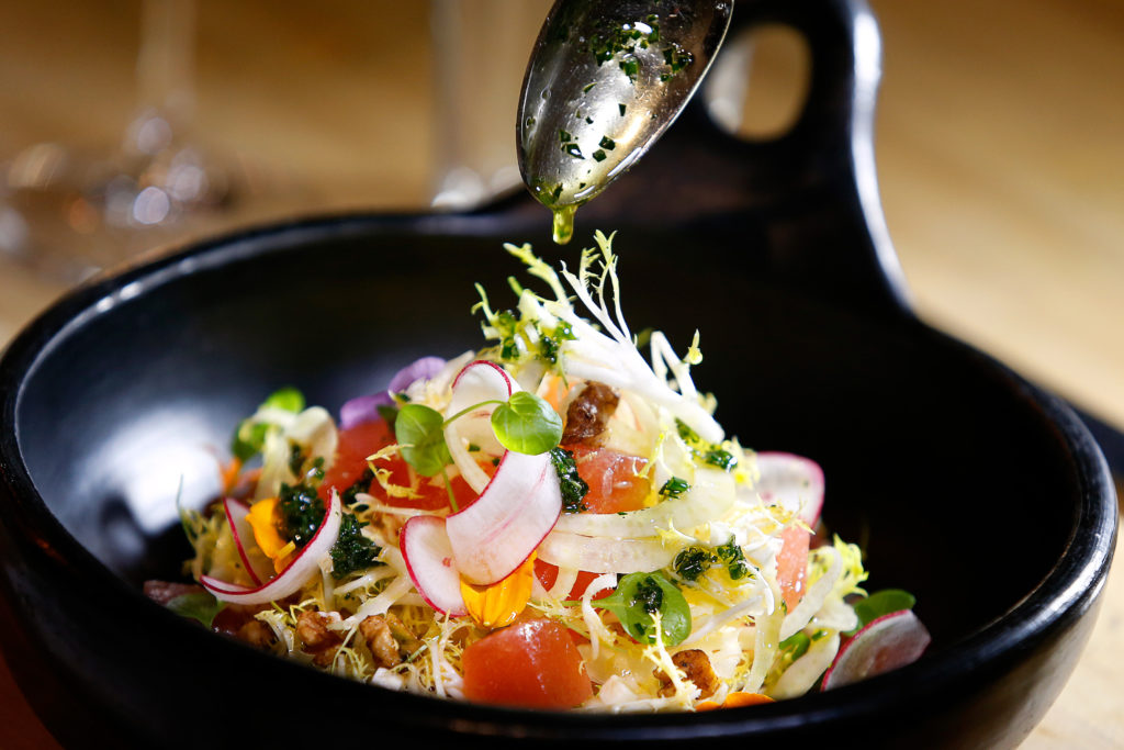 Watermelon, feta and fennel salad at Della Fattoria in Petaluma, California, on Thursday, August 23, 2018. (Alvin Jornada / The Press Democrat)