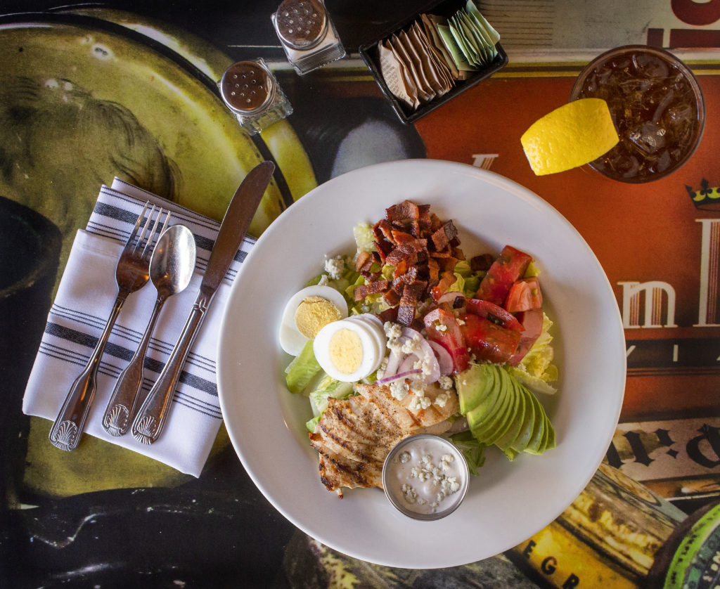 Classic Cobb Salad with grilled chicken breast, romaine, smoked bacon, hard boiled egg, shaved onion, avocado, tomato, Point Reyes blue cheese crumbles & dressing from the Gypsy Cafe in Sebastopol on August 13, 2020. (Photo by John Burgess/The Press Democrat)