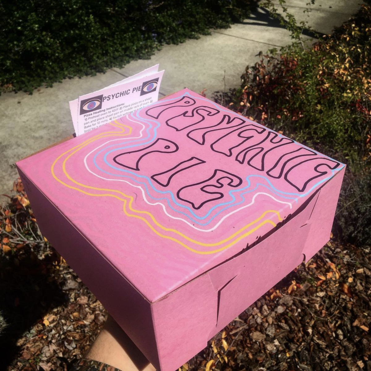 Hand-drawn pizza box from Psychic Pie in Santa Rosa, made by Leith Leiser-Miller. (Courtesy of Psychic Pie)