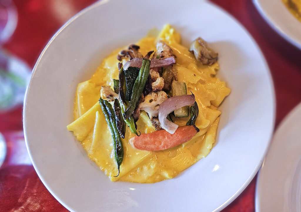 Pappardelle Pasta with Saffron Cream - Portico, Sebastopol: Extra-wide strips of fresh pasta bathed in golden saffron cream are precisely as good as they sound. 100 N. Main St., Sebastopol, porticosocialfood.com (Heather Irwin / Sonoma Magazine)