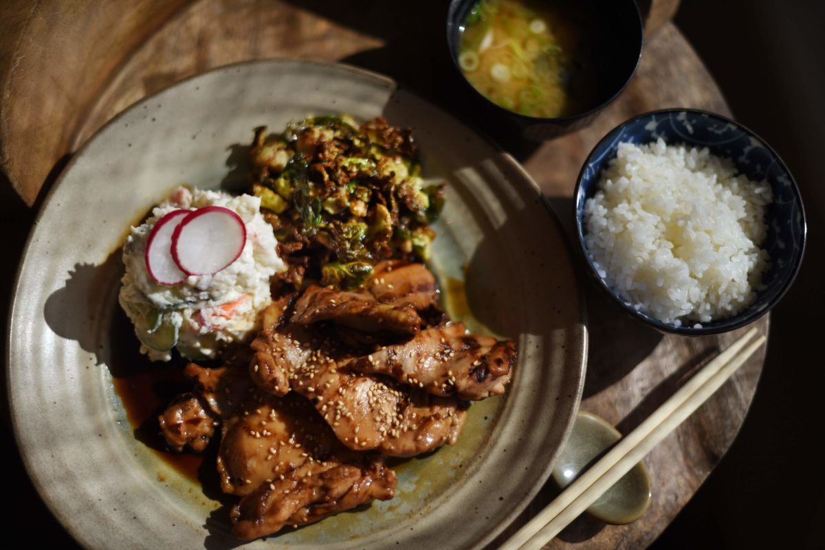Jidori Teriyaki chicken with Japanese style potato salad and fried Brussels sprouts served with a side of miso soup and rice at Hana Japanese Restaurant in Rohnert Park. (Erik Castro/for The Press Democrat)