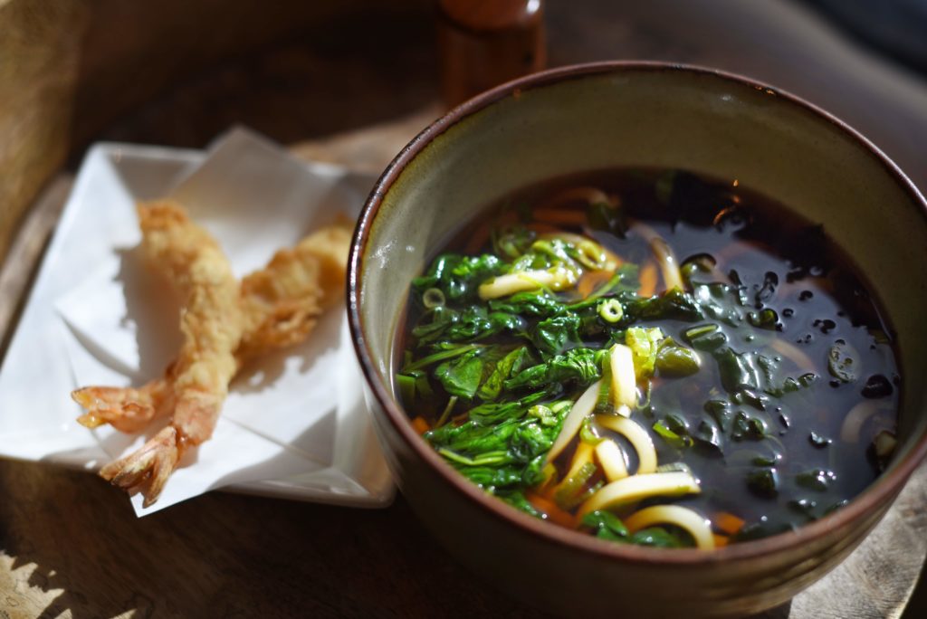Udon soup with wakame seaweed and prawn tempura at Hana Japanese Restaurant in Rohnert Park, Calif., on Tuesday, April 28, 2020. (Erik Castro/for The Press Democrat)