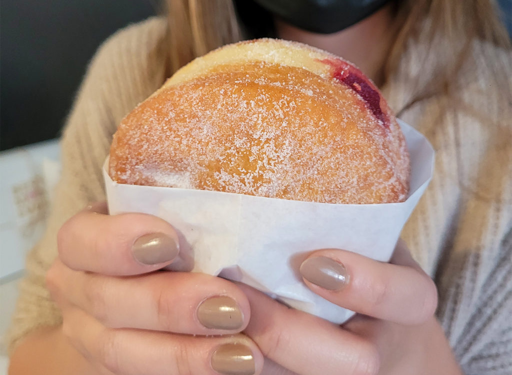 Raspberry Bismark doughnut at Johnny Doughnuts in Santa Rosa. (Heather Irwin / Sonoma Magazine)