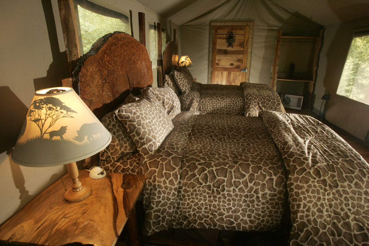 Imported from Botswana, the tents at Safari West boast beds, a bathroom, polished hardwood floors and private viewing decks. (Charlie Gesell/Sonoma Magazine)