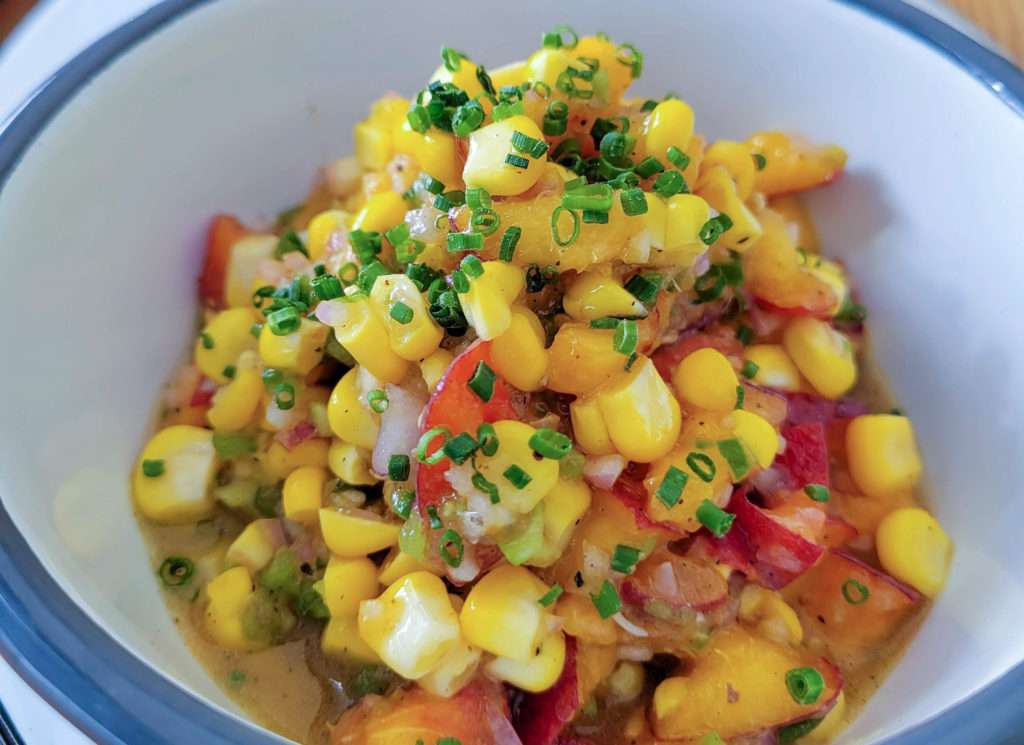 Peach and corn salsa at Dillon Beach Coastal Kitchen in Dillon Beach. (Heather Irwin/Sonoma Magazine)