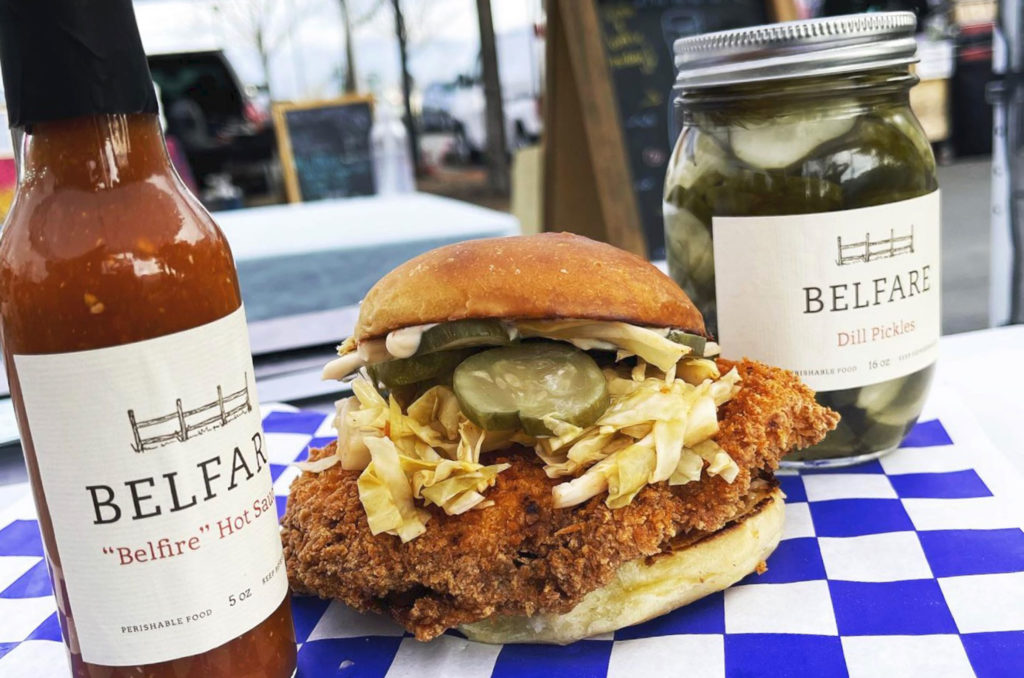 Belfare Sonoma: Piled-high classic fried chicken sandwich ($15) filled with dill pickles, Cajun cabbage and spicy sesame mayo on a Parker House bun. 1410 S. McDowell Blvd., Suite D, Petaluma, 707-774-6029, belfaresonoma.com. (Courtesy photo)