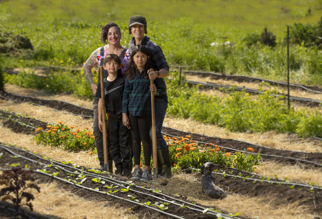 Leslie Wiser, right with partner Sarah Deragon and their children at Radical Family Farms in Sebastopol. (photo by John Burgess/The Press Democrat)