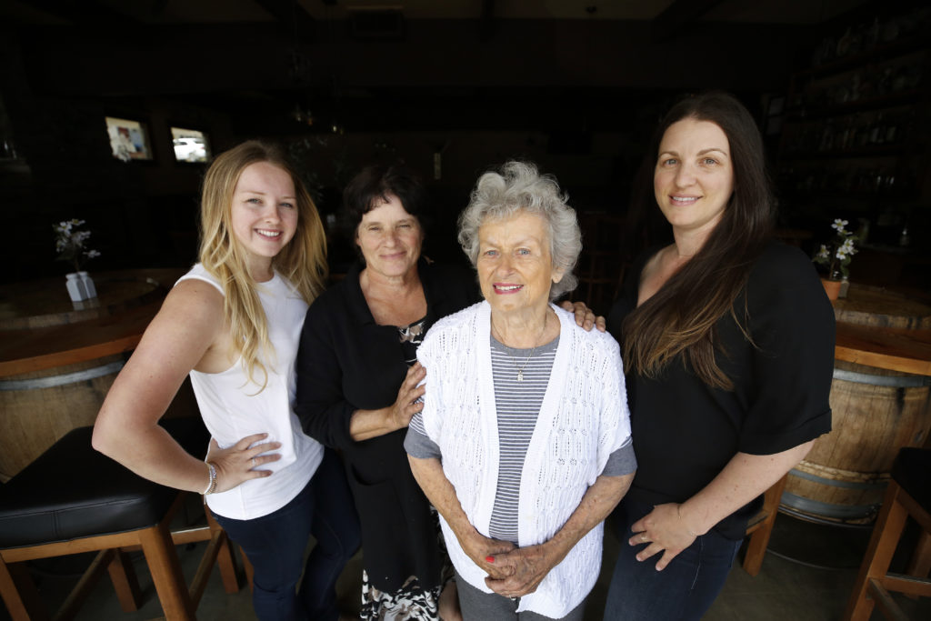 Evelyn Negri, center, with her daughter Sandra Negri and granddaughters Tori Miller, left, and Amanda Poniatowski, right, at Negri&apos;s in Occidental, Calif., on Thursday, May 13, 2021. (Beth Schlanker/Sonoma Magazine)