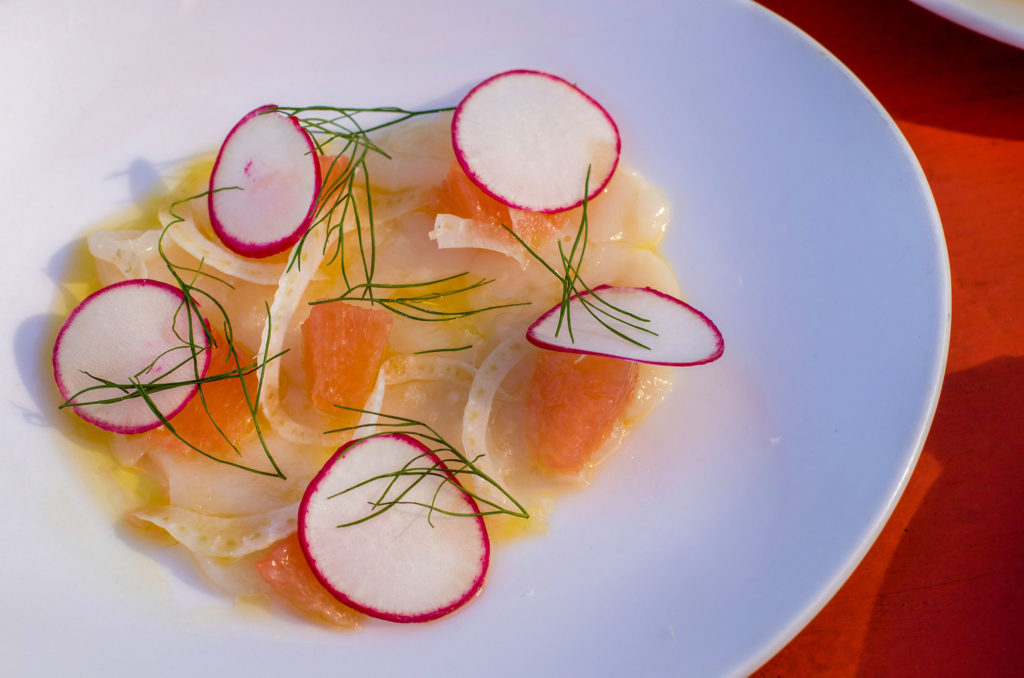 Scallop crudo at The Spinster Sisters in Santa Rosa. (Heather Irwin/Sonoma Magazine)