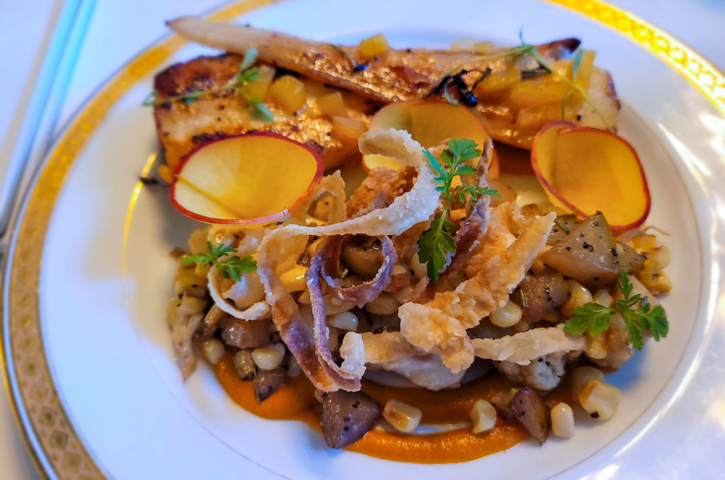 The "Lacey" at Fourth Street Social Club with roasted parsnips, cauliflower, pear and white corn succotash, lavender smoked nectarine syrup and fried parsnip lace. (Heather Irwin/Sonoma Magazine)