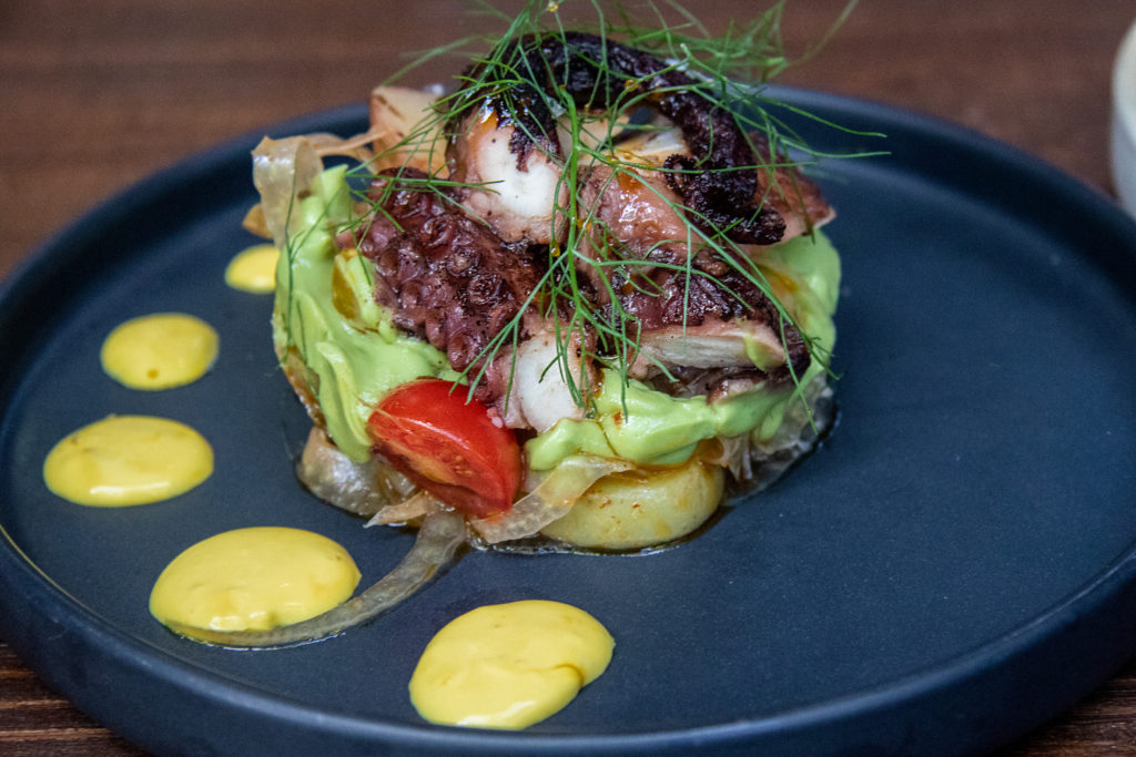 Spanish octopus salad with saffron crema, avocado, new potatoes at Burdock Bar in Healdsburg. (Heather Irwin/Sonoma Magazine)