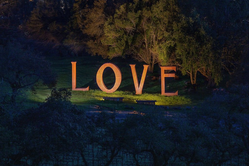 The Love sculpture in MarijkeÕs Grove is illuminated at dusk, at Paradise Ridge Winery in Santa Rosa, California, on Wednesday, March 27, 2019. (Alvin Jornada / The Press Democrat)