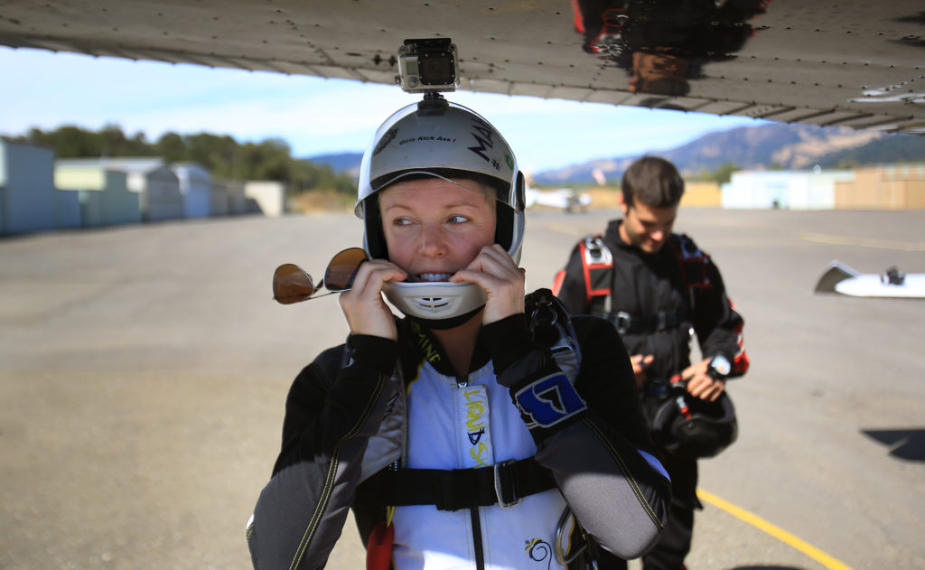 Sebastopol's Hermine Iacobaeus prepares to skydive with NorCal Skydiving in Cloverdale. (Kent Porter/The Press Democrat)