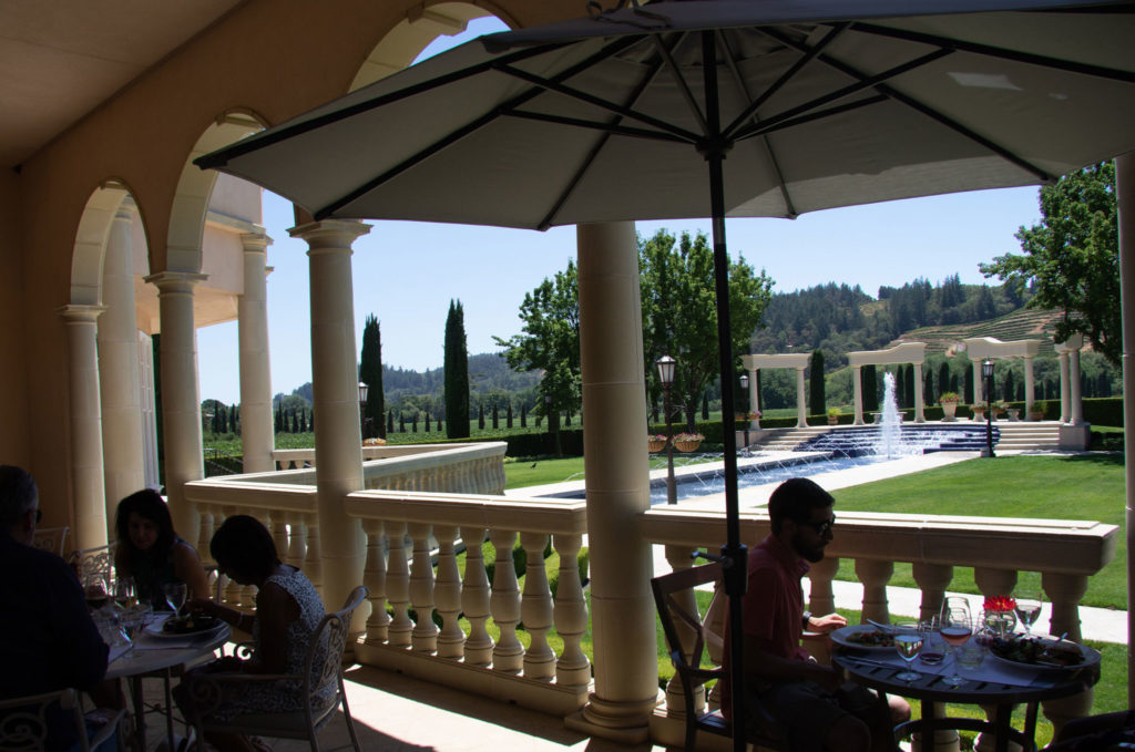 The patio overlooking the fountain at Ferrari-Carano Vineyards and Winery in Healdsburg. (Heather Irwin/The Press Democrat)