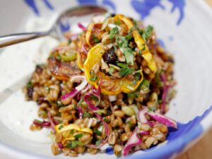 A faro salad with roasted delicata squash, red cabbage, scallions, pipits, fresh herbs, with whipped feta cheese and an apricot jam dressing at Miracle Plum in Santa Rosa. (Beth Schlanker/The Press Democrat)