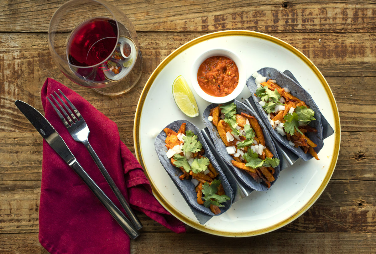 Vegan "Al Pastor" Tacos with celery root, pineapple, achiote, cilantro, onions on blue corn tortillas from Bloom Carneros in Sonoma. (John Burgess/The Press Democrat)