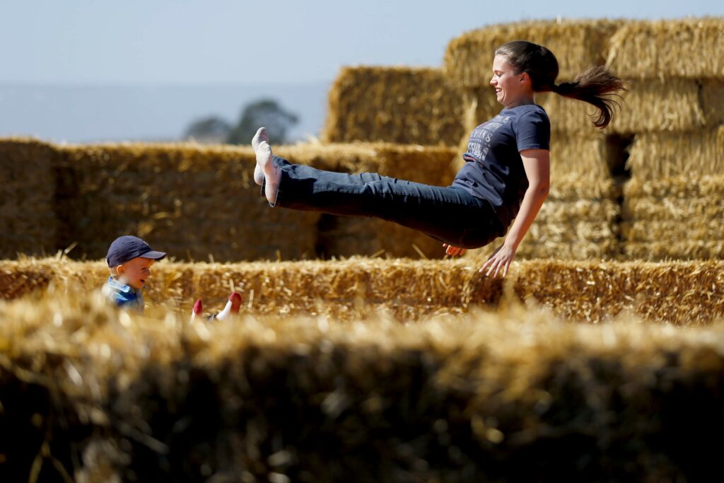 Amanda Clark and her son Landon, 2, have fun together on the jump pillow at the Santa Rosa Pumpkin Patch in Santa Rosa, on Monday, October 5, 2015. (Beth Schlanker/The Press Democrat)