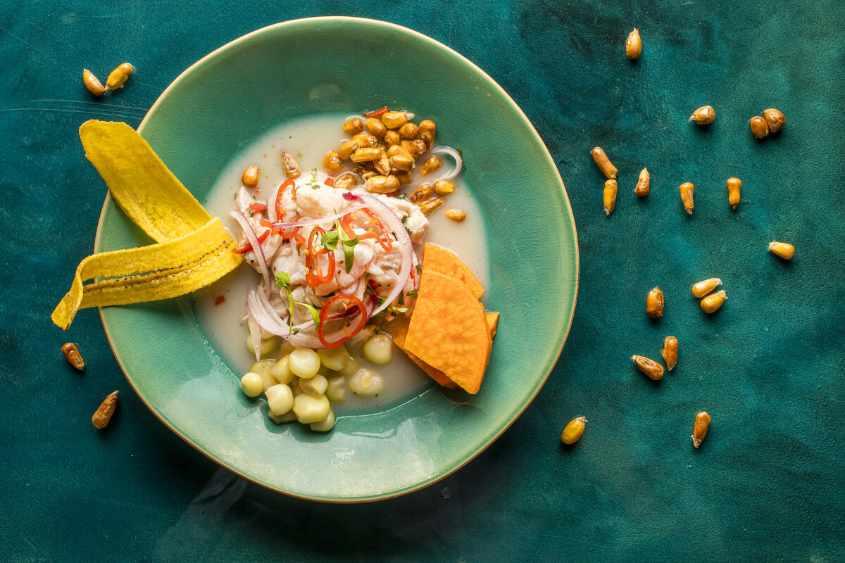 Ceviche de Clasico with leche de tigre, onion, aj limo pepper, Peruvian corn and sweet potato from Warike RestoBar in downtown Santa Rosa on Wednesday, October 20, 2021. (John Burgess/The Press Democrat)