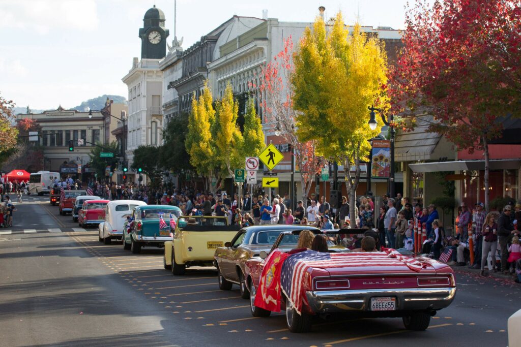 Classic cars make their way at the 2017 annual Veteran's Day Parade in Petaluma, on Saturday, November 11, 2017. (Photo by Darryl Bush / For The Press Democrat)