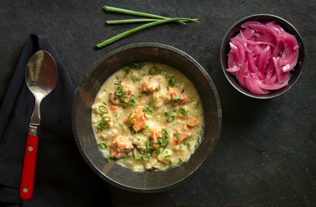 Ceres Executive Chef John Littlewood created a Salmon and Fennel Chowder for his line of frozen meals, The Ceres Community Project supports low-income people struggling because of a serious health challenge with free and low-cost, home-delivered, nourishing organic meals. (John Burgess/The Press Democrat)