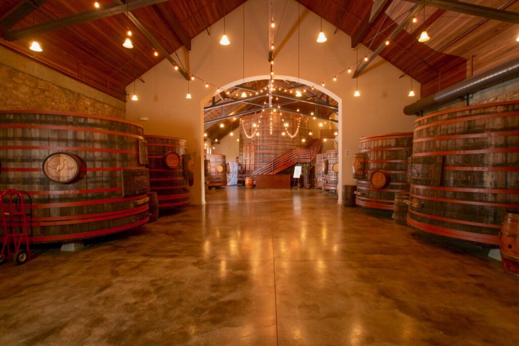 The barrel room at Sebastiani Vineyards & Winery in Sonoma is decorated with festive lights for the winery’s Winter Wine Fest. (Courtesy of Sebastiani Vineyards & Winery)